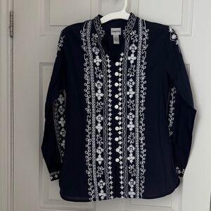 Chico's Navy and White Floral Embroidered Top, NWOT